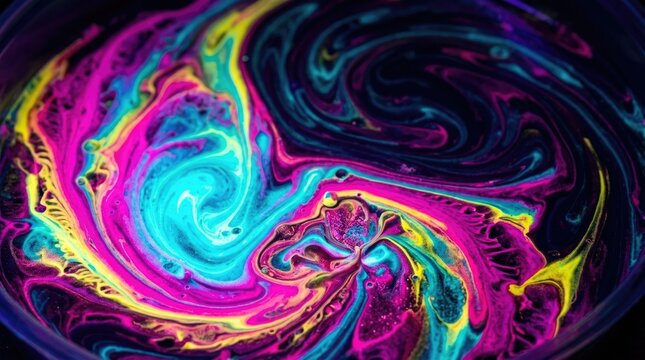 Abstract vibrant neon liquid paint swirls with cyan pink yellow colors mixing on dark background