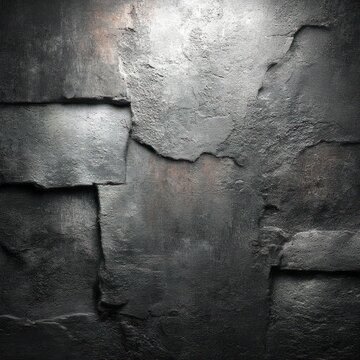 Close-up of dark textured slate stone wall with dramatic lighting and rough uneven surfaces