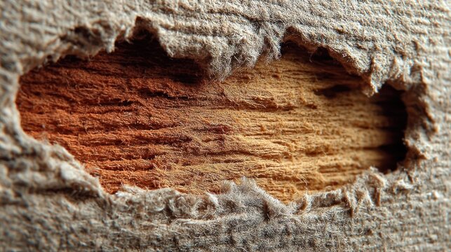Macro close-up shows torn wood revealing inner textures and warm colors in a natural environment