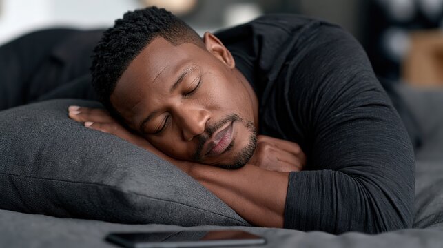 Black man sleeping peacefully in bed with pillow in cozy bedroom mood