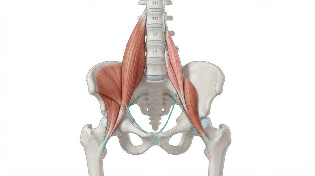 The iliopsoas muscle group and its anatomy, highlighting its role in sports injuries and muscle physiology.