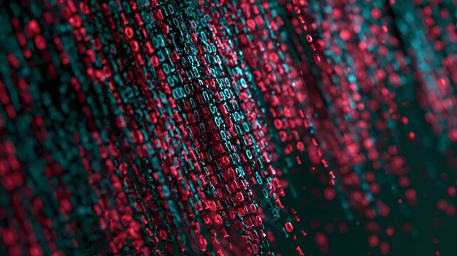 Glowing binary code digits cascade downwards creating abstract patterns in vivid crimson and teal colors within deep dark virtual space