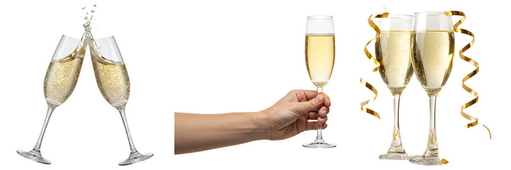 A collection of photographs featuring sparkling champagne flutes, toasting and held, with festive gold ribbons. © Phuong