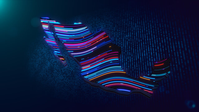 Abstract digital Mexico map featuring vibrant neon wave lines, dimensional extrusion, blue particle grid, luminous effects, and a futuristic technology-inspired background.