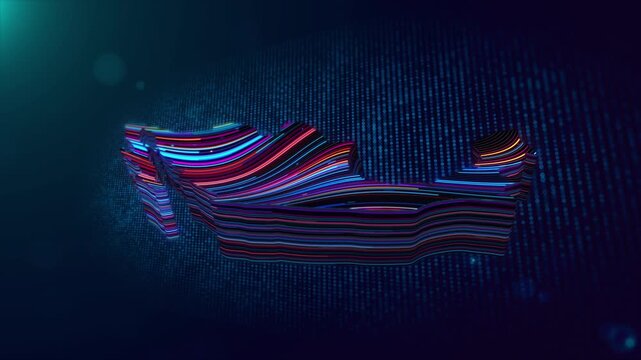 Dynamic Mexico map reveal animation with flowing multicolor neon lines, 3D extrusion, glowing particles, blue digital grid, and illuminated text reveal for futuristic presentations.