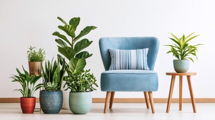 Fototapeta premium Cozy living room corner with blue armchair and houseplants