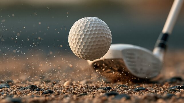Golf ball impact sand explosion golf club hitting action shot sport