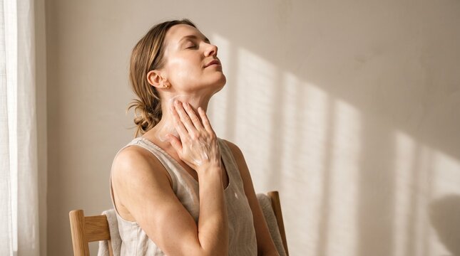 Woman applying moisturizing cream to her neck and d&eacute;colletage for skin care and self care routine