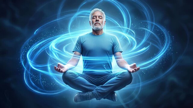 Mature man meditating in lotus position with glowing blue energy swirls. Spiritual mindfulness and inner peace concept. Lockdown shot.