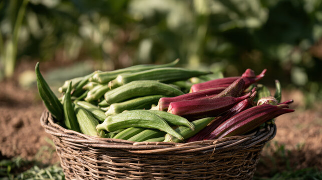 Fresh green and red okra harvested from a garden and arranged in a rustic wicker basket outdoors