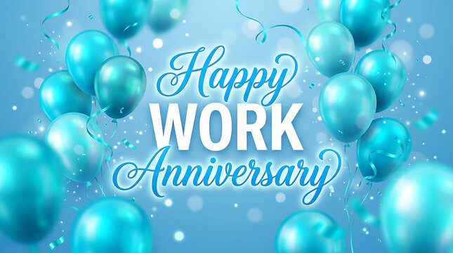 Blue balloons and confetti celebrating work anniversary 1