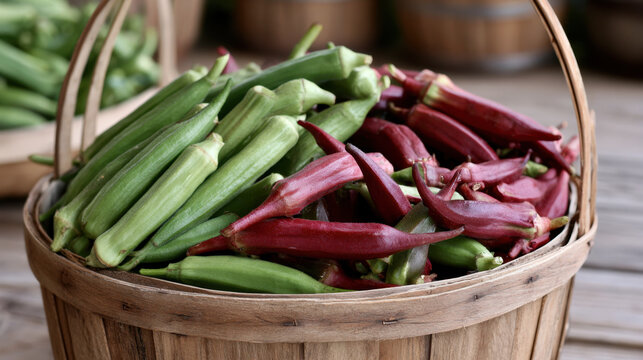 Fresh green and red okra pods overflowing from a rustic wooden basket after harvest