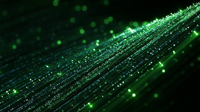 Glowing fiber optic cables transmit rapid digital binary data streams through dark space in this dynamic high tech 3d render