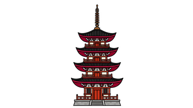 Traditional Japanese tiered red pagoda tower vector illustration isolated on white background