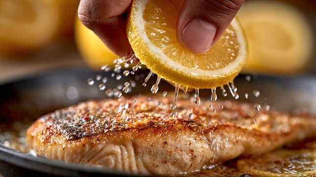 Squeezing fresh lemon juice over cooked fish fillet in kitchen close up