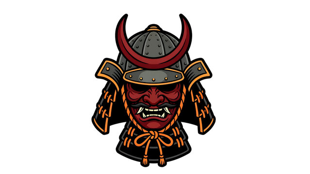 Japanese samurai helmet kabuto with red demon hannya mask vector illustration isolated on white