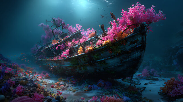 Sunlit underwater shipwreck overgrown with vibrant coral reef