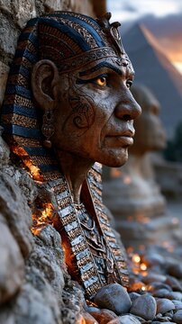 An ancient pharaoh head embedded in a rock background for fantasy concepts.