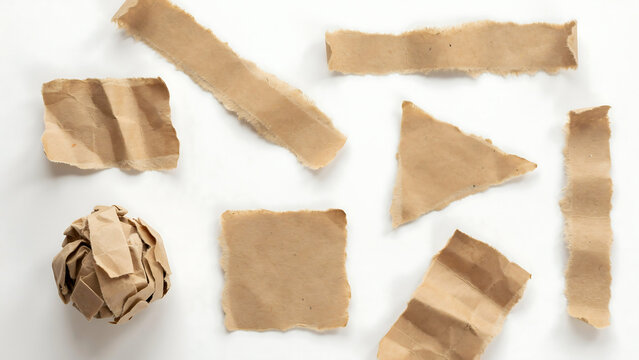 Set of various torn brown paper pieces isolated on white background