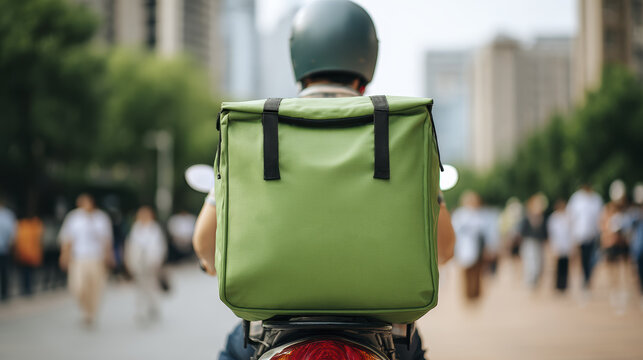 Urban delivery rider with green backpack navigating busy city streets