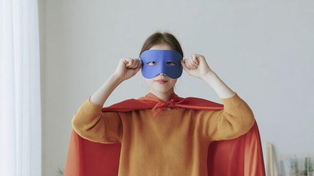 Young girl embracing inner hero with red cape and blue mask in bright room