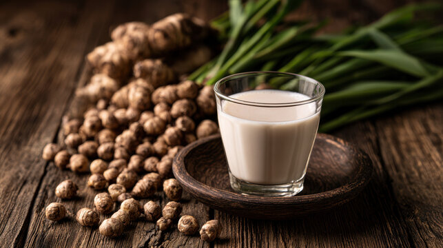 Glass of creamy tiger nut milk with dried chufa tubers and fresh green plant leaves arranged on a rustic wooden table