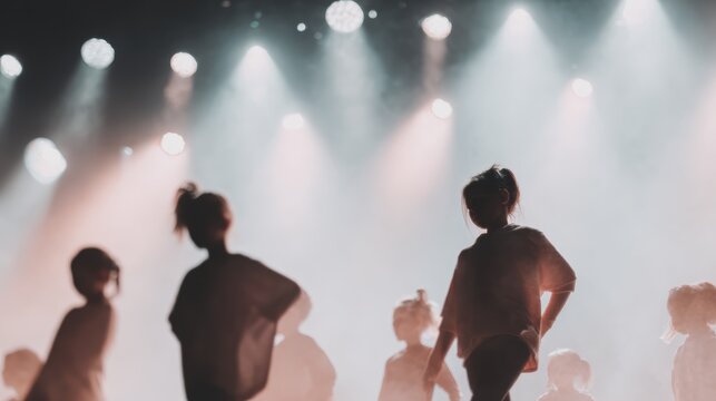 Silhouetted children dancing under stage lights in a concert setting
