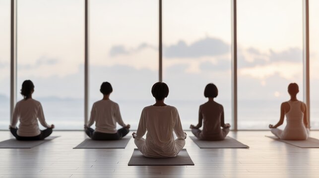Serenity in motion: group yoga meditation at sunrise in modern studio
