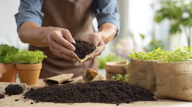 Gardener's hands planting seedlings with soil in eco-friendly planters