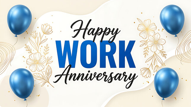 Happy Work Anniversary blue balloons gold floral celebration