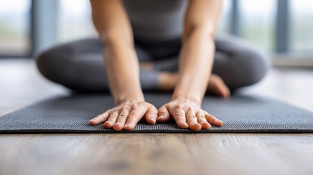 Woman practicing yoga with hands on mat in calm studio setting for mindful relaxation