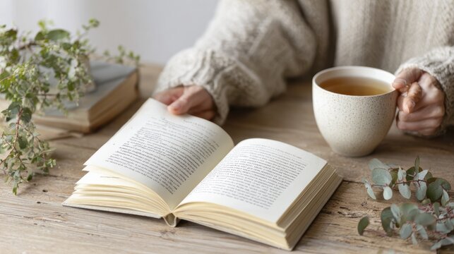 Cozy reading time with open book and cup of herbal tea on wooden table
