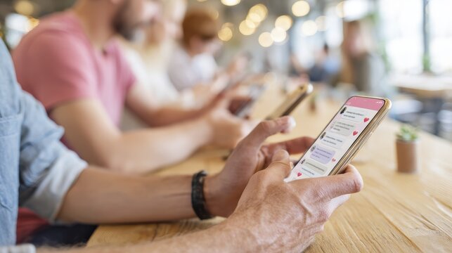People using dating apps on smartphones in a modern cafe setting