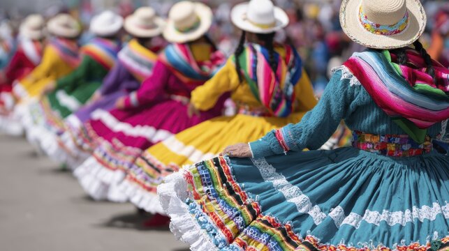 Vibrant traditional dance in colorful peruvian costumes at cultural festival