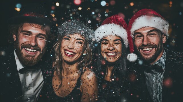 Festive celebration with smiling friends in santa hats and glittering snow