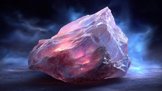 A large, translucent crystal shard with internal fiery flashes of red and purple, set against a dark, moody background.