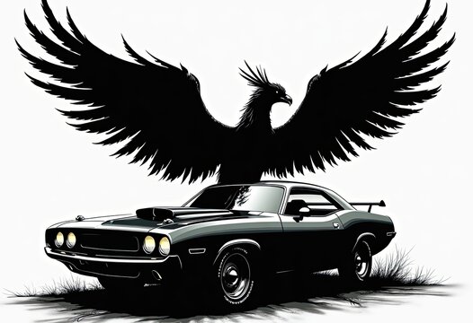 Black eagle with spread wings stands above classic muscle car
