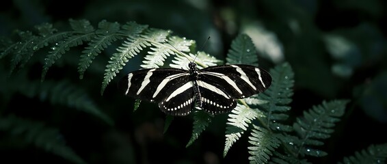 Fototapeta premium Zebra-striped butterfly with patterned wings resting on green fern fronds