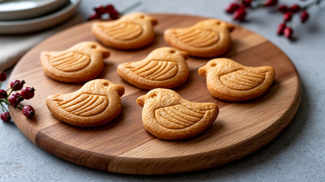 Bird shaped cookies arranged on a wooden serving board, symbolizing celebration, springtime, and festive events, perfect for sharing and sweet dessert treats