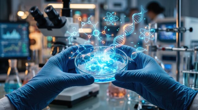 Scientist holding petri dish with glowing blue liquid and holographic DNA strand, biotechnology and genetic research concept in laboratory.
