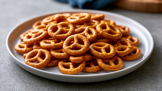 Pretzel twists piled on a white plate, offering a crunchy, salty snack perfect for appetizers, gatherings, or a quick savory treat with friends and family