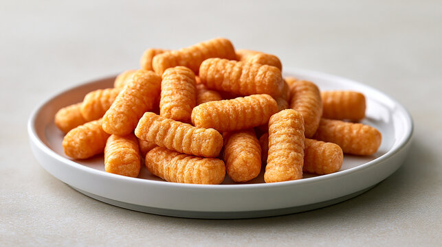 Orange crunchy cheese puffs piled high on a white plate, offering a savory and salty snack, representing quick indulgence and delicious convenience food