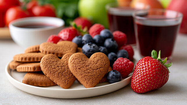 Heart shaped cookies arranged on a plate with an assortment of fresh berries. Including ripe strawberries. Juicy blueberries. And vibrant raspberries