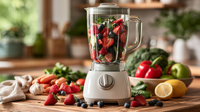 Blender filled with colorful fresh berries and green vegetables on a kitchen counter, preparing a healthy smoothie for detox, wellness, and organic nutrition, copy space