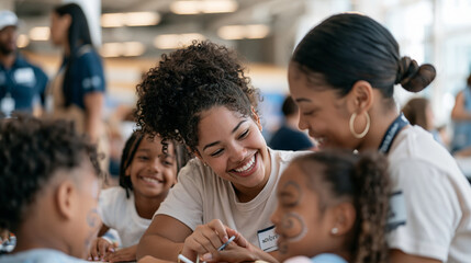 Obraz premium Warm indoor community center lighting shows a face painter working alongside a civil servant volunteer coordinator, both surrounded by a diverse team of children and adult