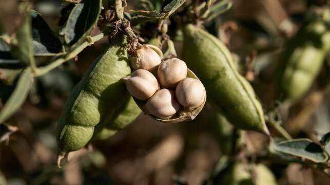 Close-up of chickpea plant with open green pod revealing mature beige chickpeas among surrounding seed pods