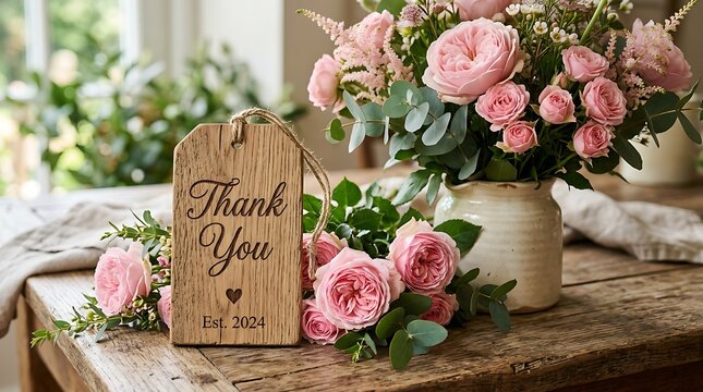 Wooden thank you tag placed next to a beautiful bouquet of fresh pink roses on a rustic wooden table