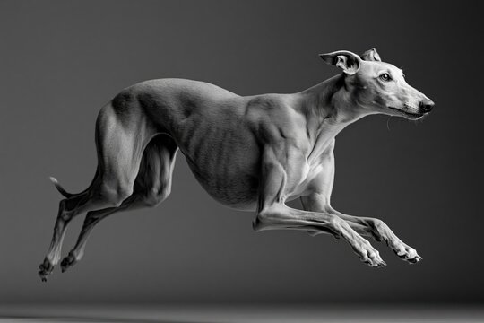 Greyhound running dog studio portrait black and white dramatic action