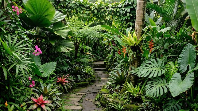 A beautiful lush tropical garden path with stone steps and vibrant green exotic plants