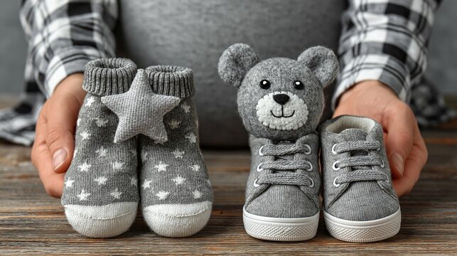 Hands presenting grey baby socks and shoes featuring a teddy bear background for parenting content.